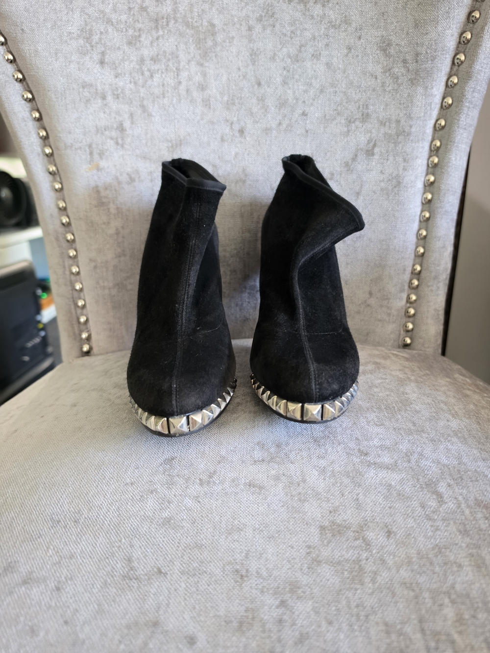 Stuart Weitzman Black Suede Ankle Booties with Silver Stud Toe